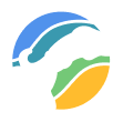 Abstract logo with blue, teal, green, and yellow curved shapes forming a swoosh design