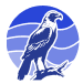 Blue circular logo with a bald eagle head and wave design